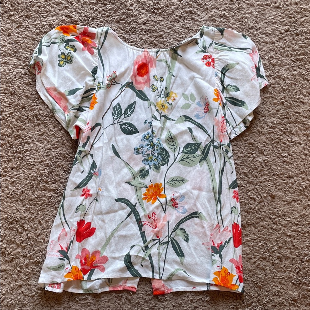 LOFT White Floral Puff-Sleeve Blouse with Coral, Yellow and Green Accents
